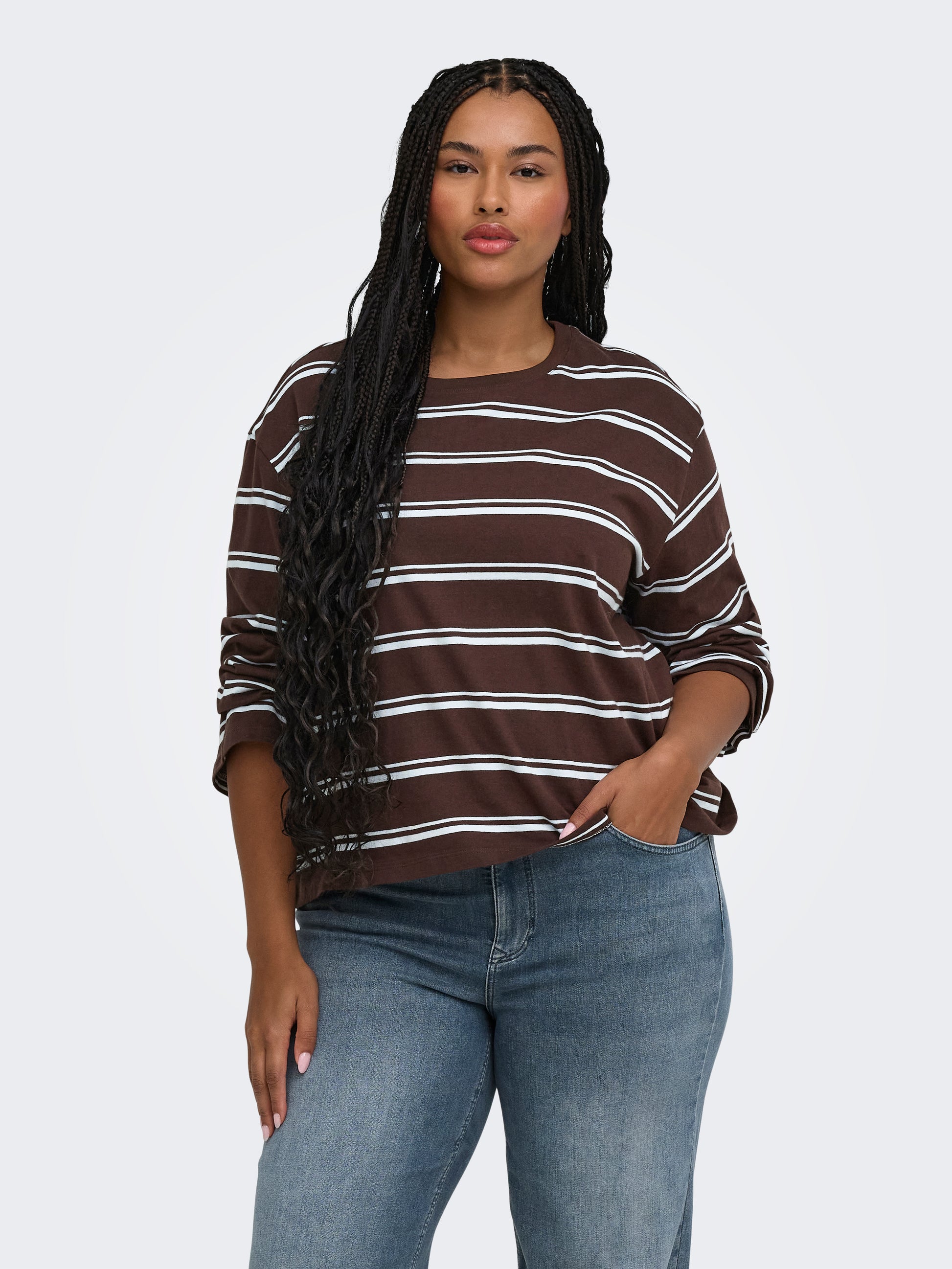 Carmakoma CARFREJA STRIPE L/S WIDE SLEEVE JRS Bruin - OAK Fashion Noordwolde