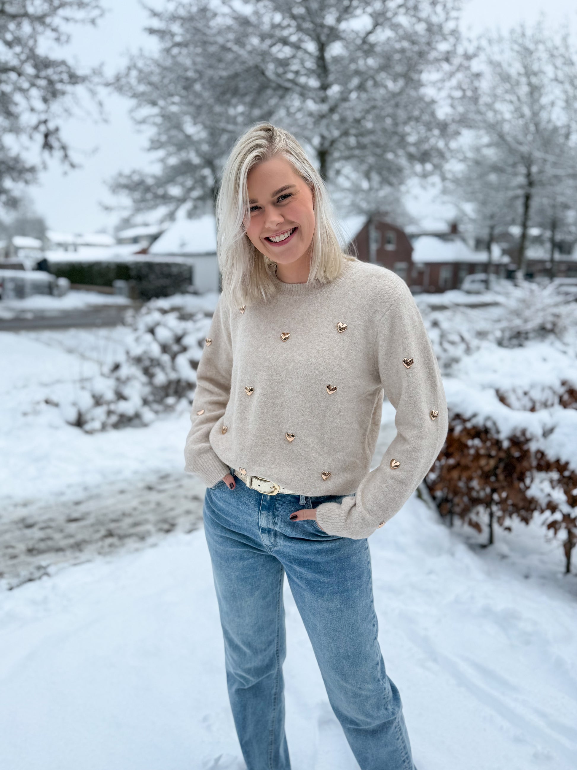 Oak Trui met harten Bruin - OAK Fashion Noordwolde