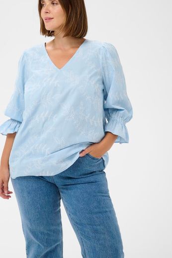 Kaffe Curve Carlee Blouse White Blue Embroidery Stripe - OAK Fashion Noordwolde