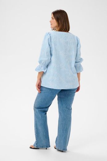 Kaffe Curve Carlee Blouse White Blue Embroidery Stripe - OAK Fashion Noordwolde