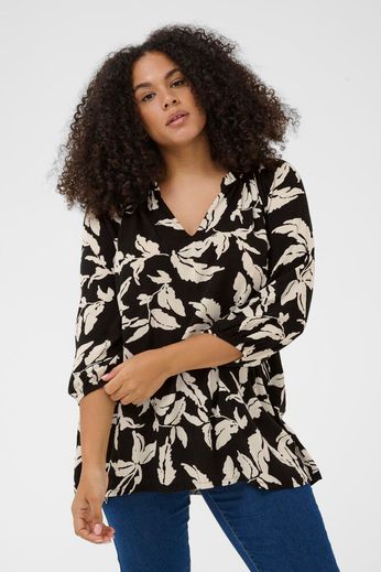 Kaffe Curve Blouse Ami Black Chalk Leaves - OAK Fashion Noordwolde