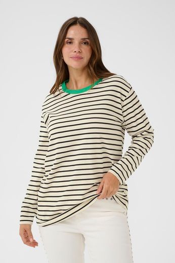 Kaffe Curve KCwinni LS T-Shirt White/Black, Green Neckline - OAK Fashion Noordwolde