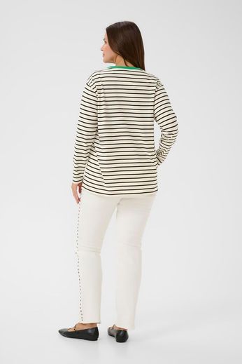 Kaffe Curve KCwinni LS T-Shirt White/Black, Green Neckline - OAK Fashion Noordwolde